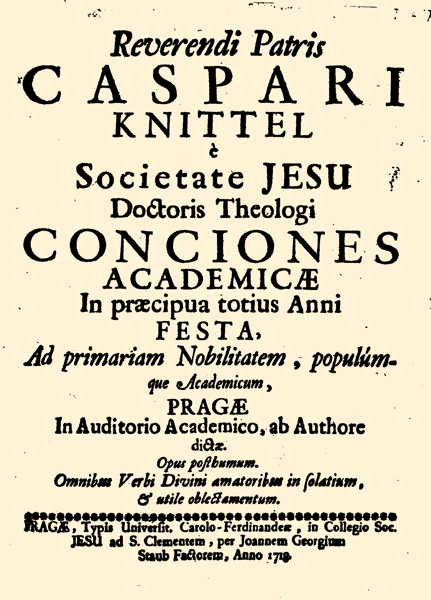 Frontespizio delle Conciones Academicae di Caspar Knittel, stampate a Praga nel 1718.