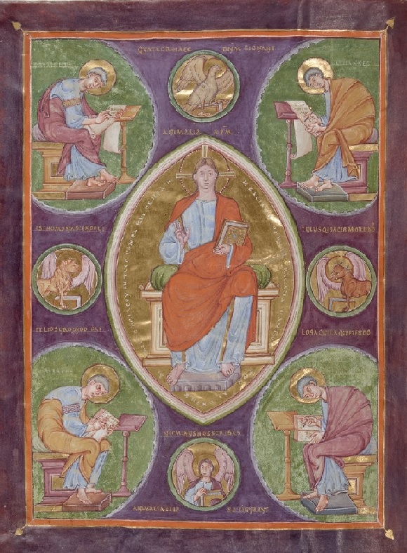 I quattro evangelisti rappresentati come scriptores in una miniatura di un evangelario del X secolo custodito nella Biblioteca nazionale di Francia  (Dipartimento dei manoscritti latini n. 9455); l’immagine è stata tratta dal codice integralmente leggibile al link http://gallica.bnf.fr/ark:/12148/btv1b8490154f.r=Echternach.langEN)