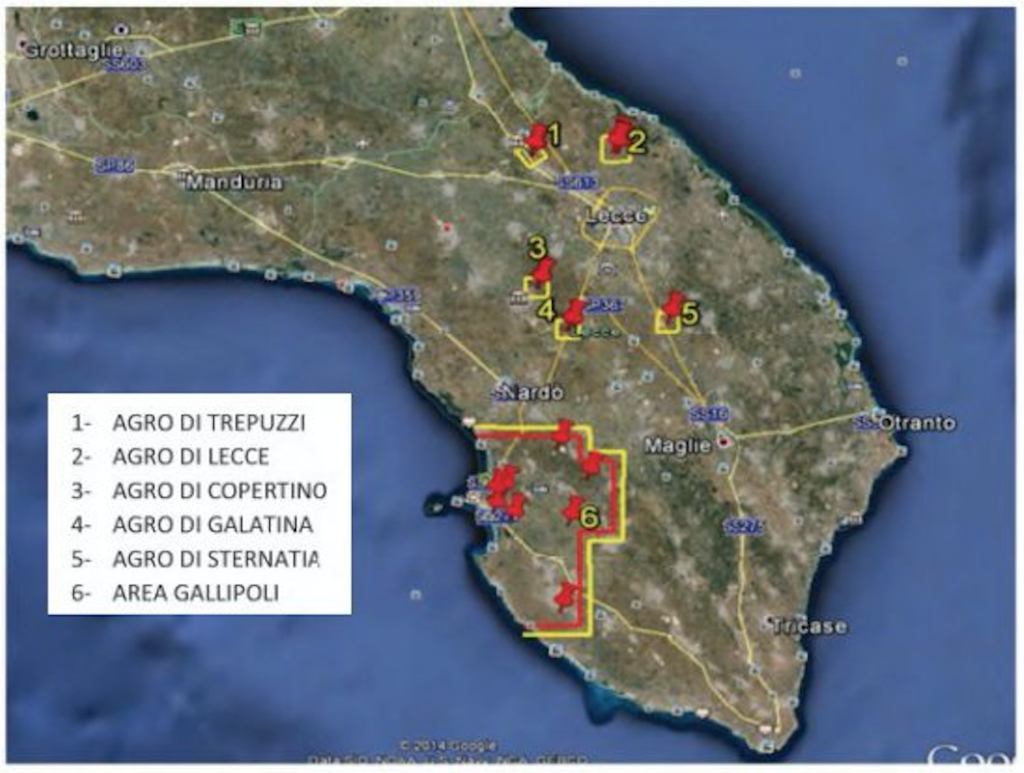 monitoraggio Xylella fastidiosa Dicembre 2013 – Aprile 2014 – Delimitazione delle aree demarcate in provincia di Lecce