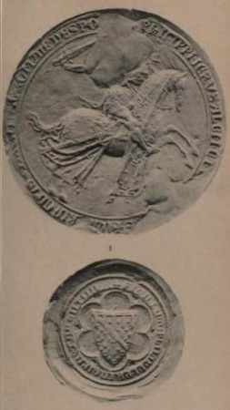 Fig. 10 Sigillo e controsigillo di Filippo I di Taranto, appeso ad un atto datato settembre 1321 (da G. Schlumberger, Sceaux et bulles des empereurs latins de Constantinople, Caen 1890, p. 26 e pl. VII). 