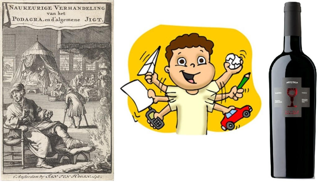 Nell'ordine: l'artètica in una stampa del 1698, un ragazzino con l'artètica e l'Artetica della Schola sarmenti