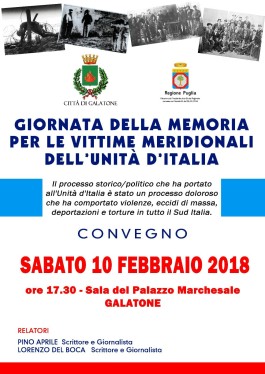 Prima Giornata della Memoria per le vittime meridionali dell’Unità d’Italia. A Galatone